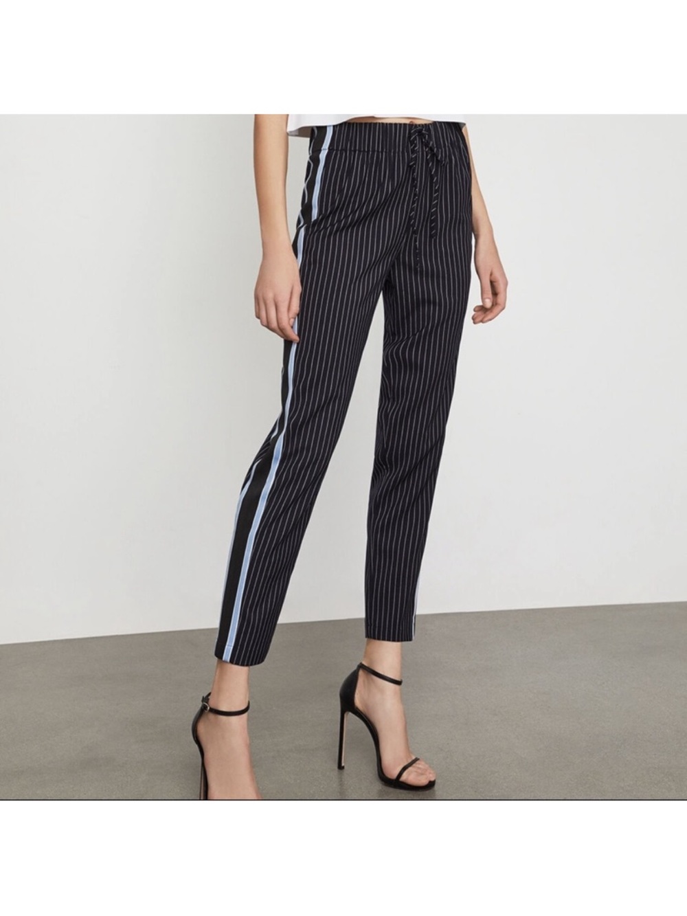 BCBG Striped Black Pinstripe Track Pants with Side Stripe